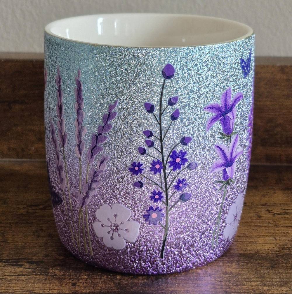 🪻3/$25 Lavender floral butterfly blue purple sparkle glitter shiny ceramic mug